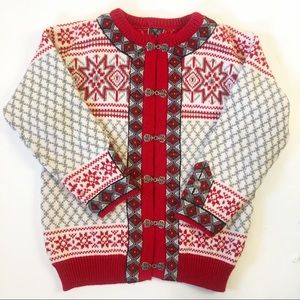 Dale of Norway Wool Setesdal Cardigan Sweater Red Fairisle Pattern Pewter Clasps